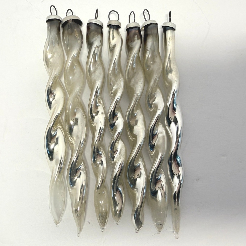 Vintage CALI COL Glass Icicle Ornaments Twisted Spiral Silver 4in 7pcs LOT 1